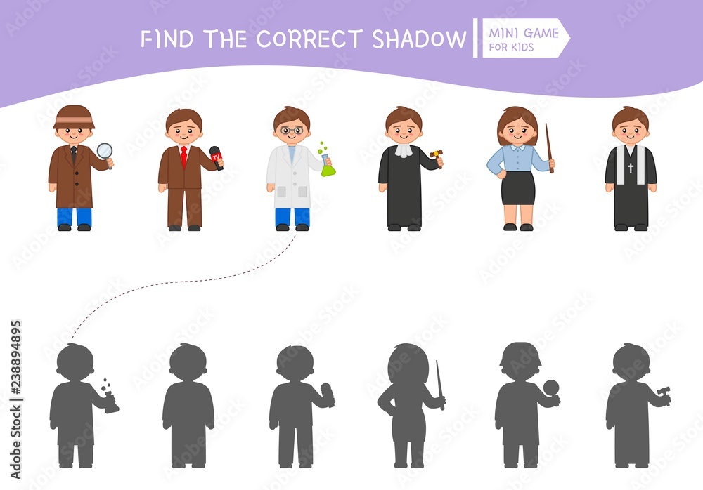 Educational game for children. Find the right shadow. Kids activity with professions. Educational game for children. Find the right shadow. Kids activity with professions.