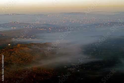 aerial drone view with misty landscapes