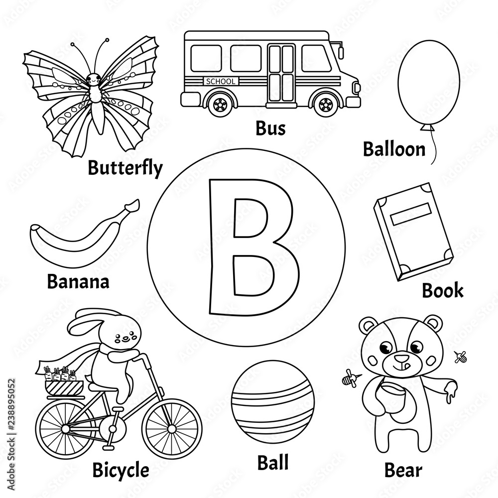 Learning card alphabet. Letter B. Set of cute cartoon illustrations.  Coloring page. Stock Vector | Adobe Stock