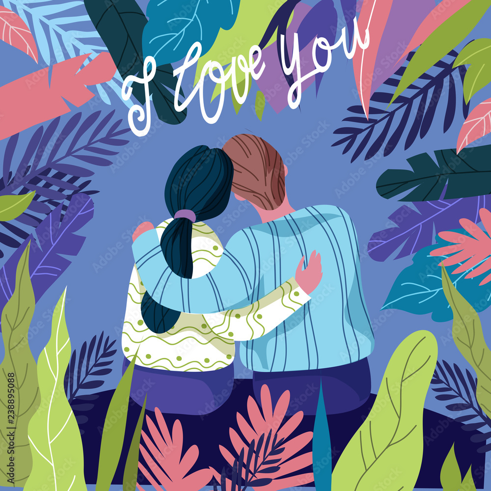 I love you, loving couple among bright floral leaves on a blue background with hand draw lettering,modern flat vector illustration