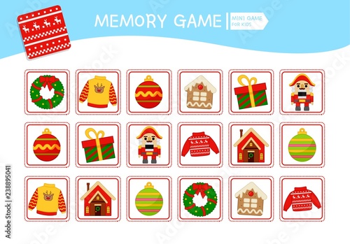 Memory game for preschool children, vector cards with christmas objects. Find two identical picture. Kids activity page for book. 