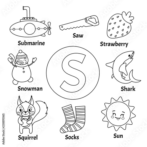 Learning card alphabet. Letter S. Set of cute cartoon illustrations. Coloring page.
