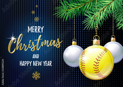 Merry Christmas and Happy New Year. Sports greeting card. Softball ball as a Christmas ball. Vector illustration.