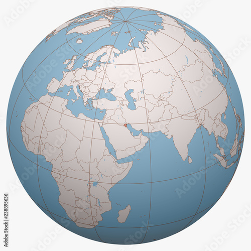 Kuwait on the globe. Earth hemisphere centered at the location of the State of Kuwait. Kuwait map.