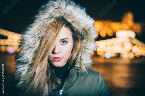 Photography Beautiful woman outdoor, city lights on background