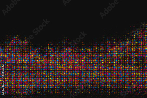 Colored Halftone Texture On Black Background. Fade Explosion Of Confetti. Modern Colorful Dotted Futuristic Backdrop. Digitally Generated Image. Pop Art Style Overlay. Vector Illustration, Eps 10.