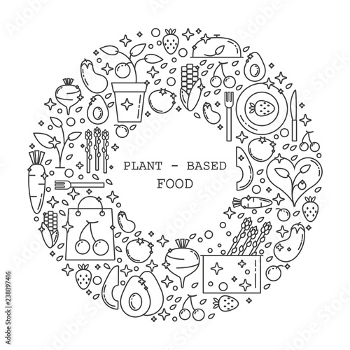 Plant-based food linear concept in circle with thin line icons on white background, template with space for text .