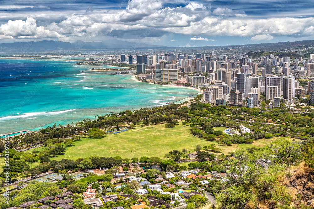 Panorama View over Honolulu from Diamond Head on Oahu, Hawaii