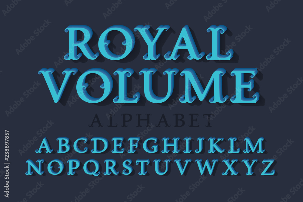 Royal volume isolated english alphabet. 3d vintage letters font.