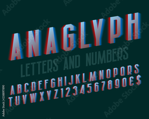 Anaglyph letters and numbers with currency signs. Urban glowing font. Isolated english alphabet.