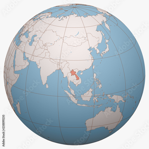Laos on the globe. Earth hemisphere centered at the location of the Lao People's Democratic Republic. Muang Lao map.