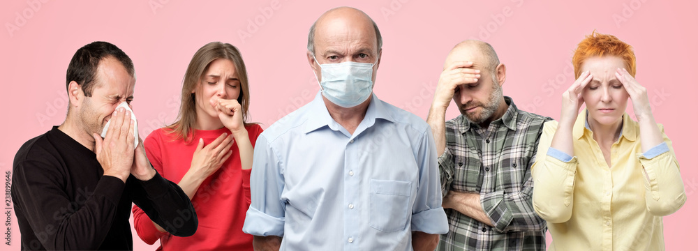 Horizontal portrair of several men and women having flu. Men in the middle wearing special mask trying not to get ill.