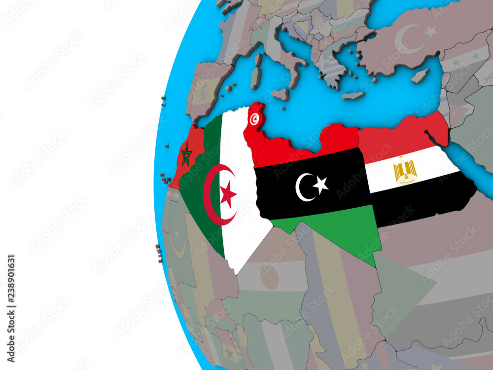 North Africa with national flags on blue political 3D globe.