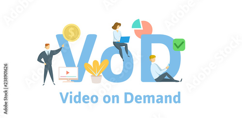 VOD, video on demand. Concept with keywords, letters, and icons. Colored flat vector illustration. Isolated on white background.