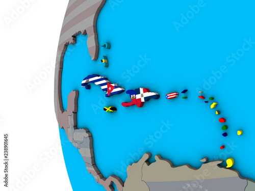 Photography Caribbean with national flags on blue political 3D globe.