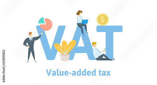 VAT, value added tax. Concept with keywords, letters, and icons. Colored flat vector illustration. Isolated on white background.
