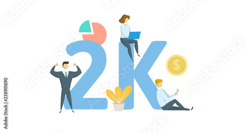 2K likes, followers online social media banner. Concept with keywords, letters, and icons. Colored flat vector illustration. Isolated on white background.