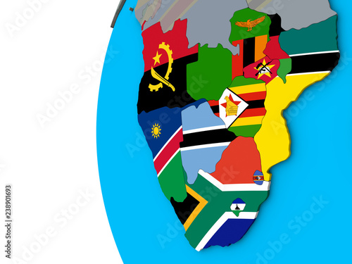 Southern Africa with national flags on blue political 3D globe.