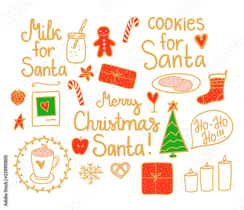Merry Christmas Set cute mini decor. Vector gold and red green hand drawing holiday elements isolated on white background. Cookies and Milk for Santa.
