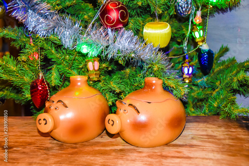 New Year's card yearof the pig piglet doll pots on the background of a dressed Christmas tree photo