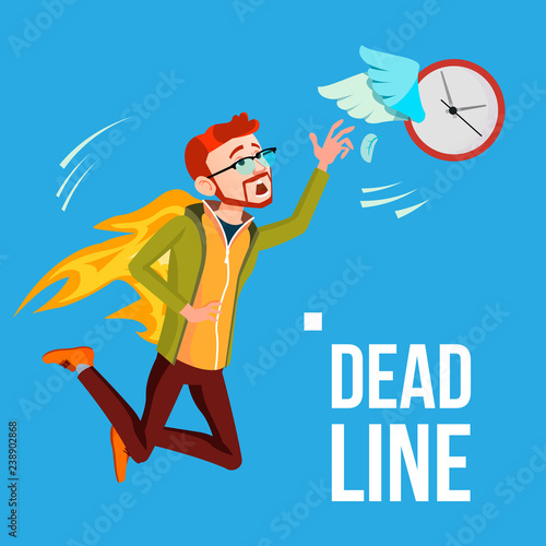 Deadline Vector. Businessman In Fire Catching By Hands Flying Clock With Wings. Illustration