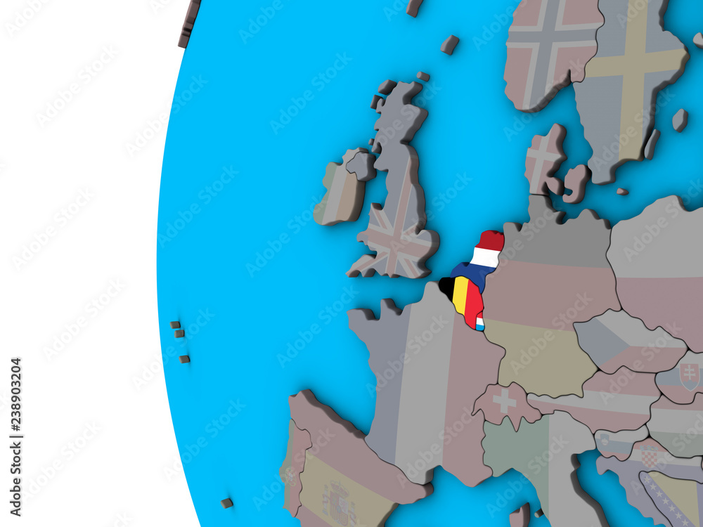 Benelux Union with national flags on blue political 3D globe.