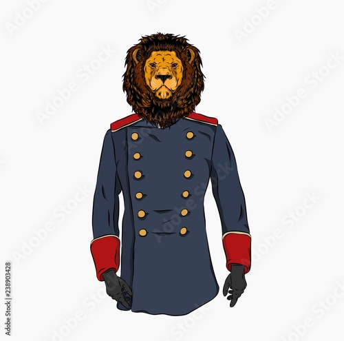 Portrait of a lion in old military uniform. Can be used for printing on T-shirts, flyers and stuff. Vector illustration