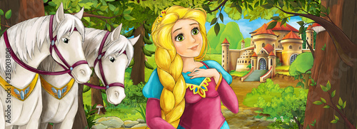 Fototapeta Naklejka Na Ścianę i Meble -  Cartoon nature scene with beautiful castle near the forest with beautiful young princess and horses - illustration for the children