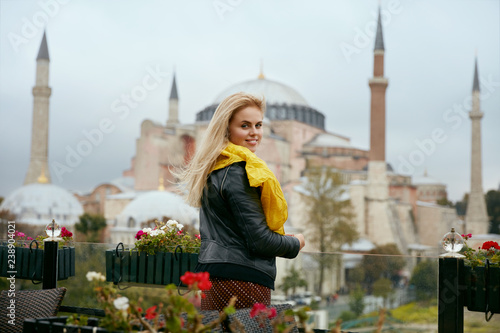 Canvas Print Travel. Beautiful Woman With Mosque On Background
