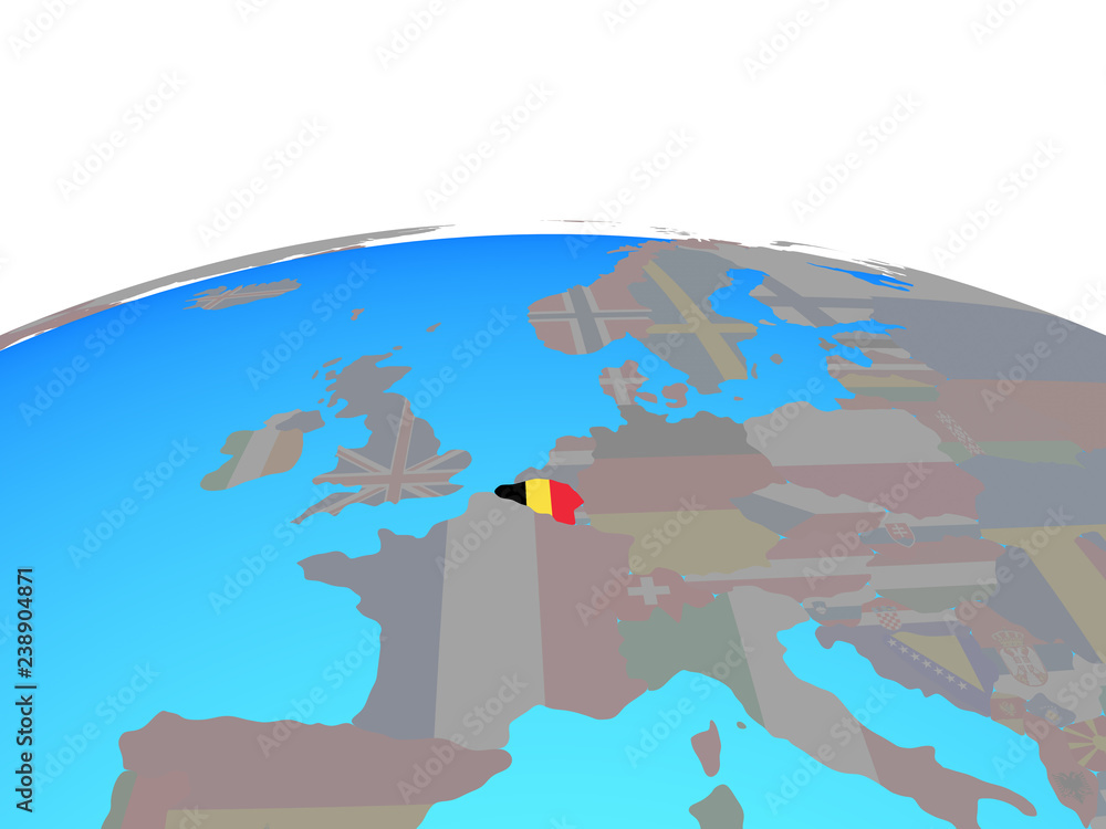 Belgium with national flag on political globe.