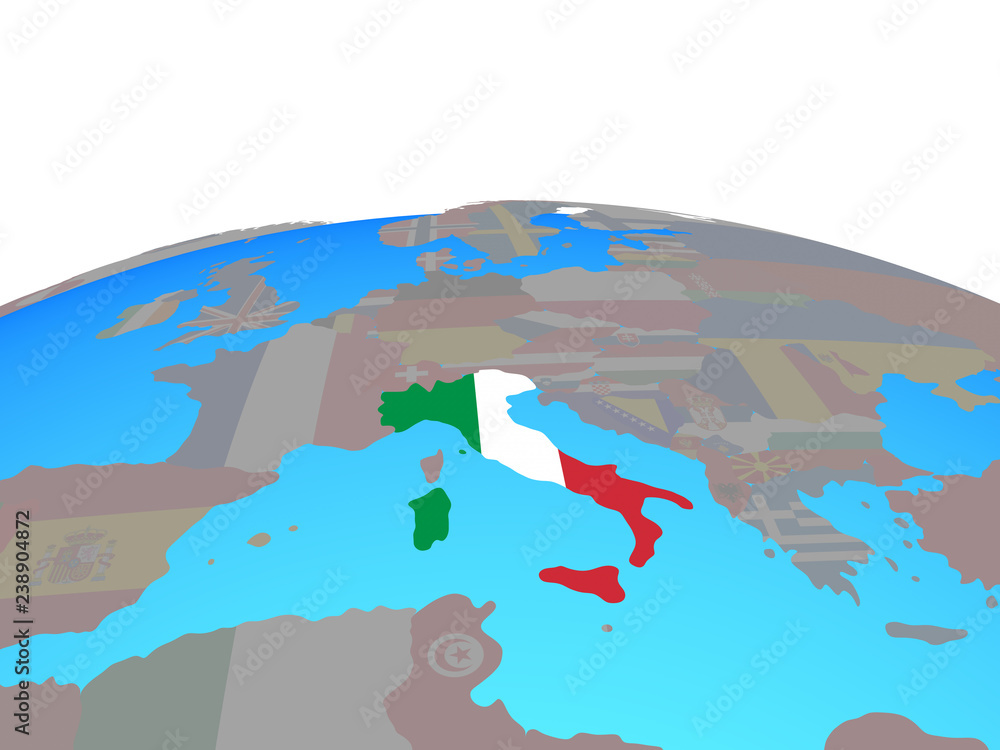 Italy with national flag on political globe.