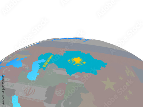 Kazakhstan with national flag on political globe.