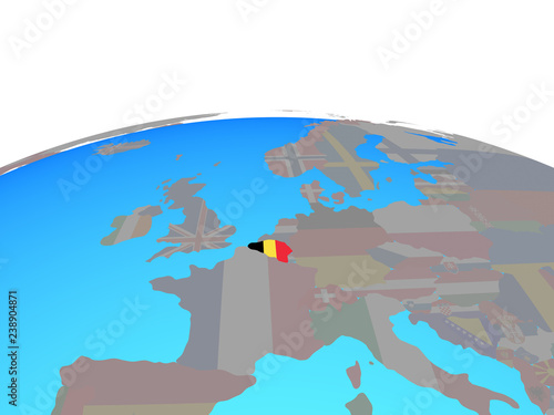 Belgium with national flag on political globe. © harvepino