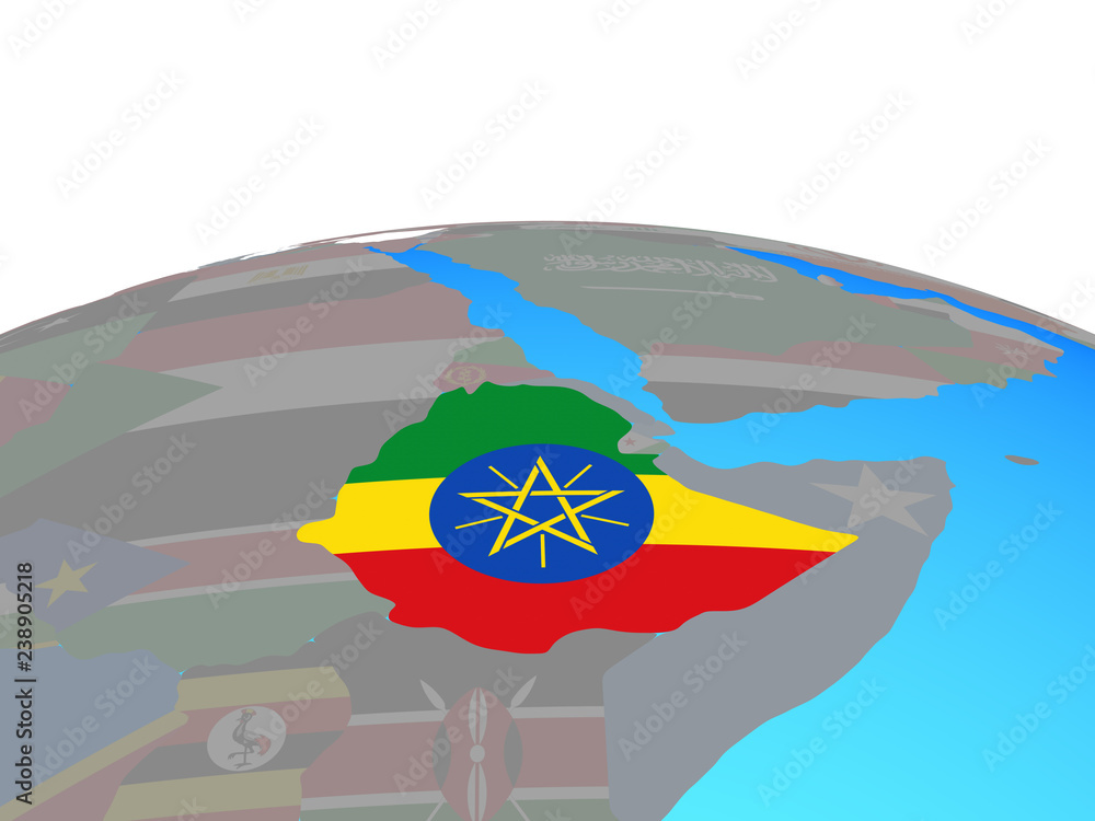 Ethiopia with national flag on political globe.