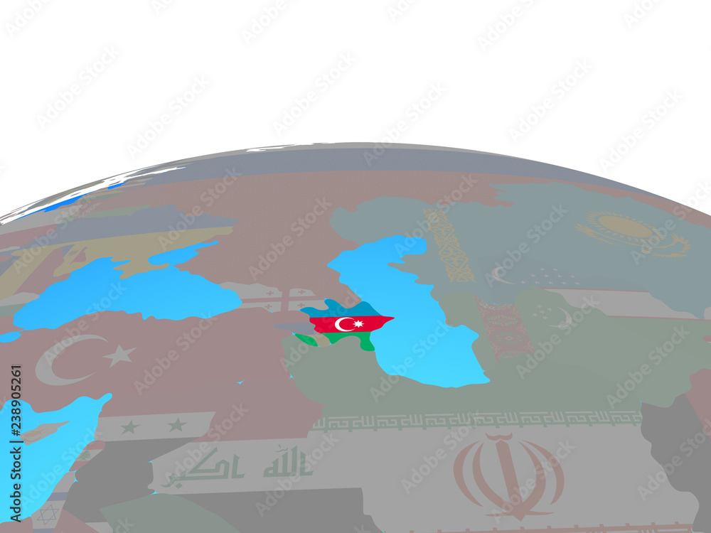 Azerbaijan with national flag on political globe.