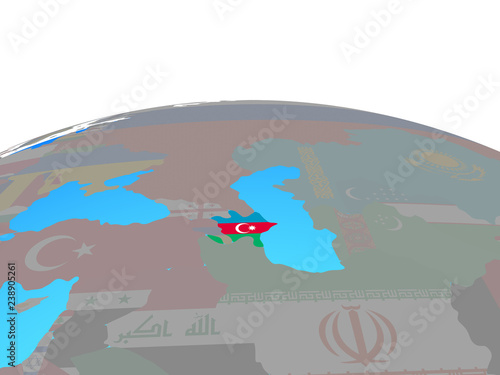 Azerbaijan with national flag on political globe. © harvepino