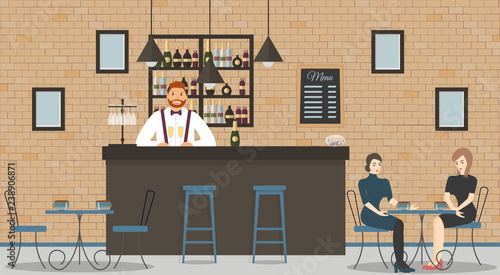 Interior of cafe or bar in loft style. Bar counter, bartender in blue shirt with glasses of champagne,beautiful women and shelves with bottles of alcohol.Board with menu and photos.Vector illustration