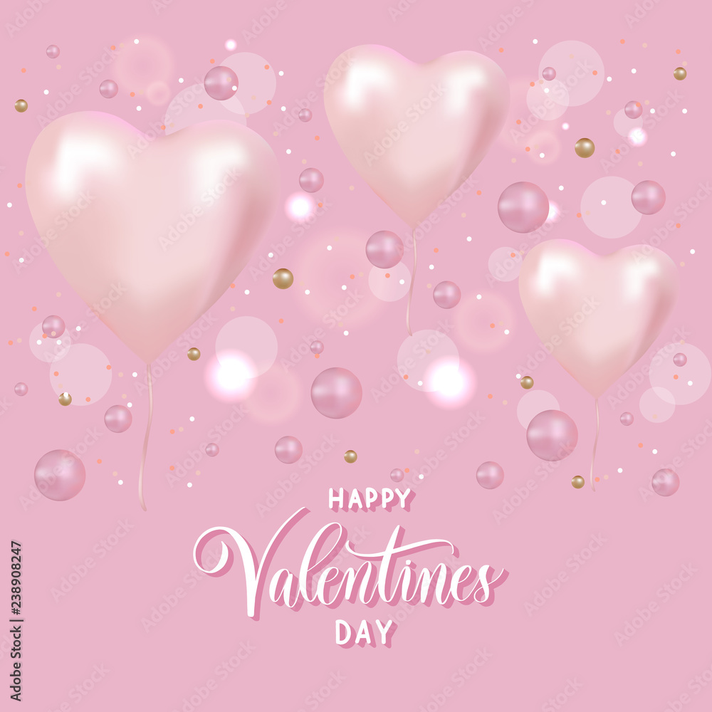 Volumetric pink 3 d vector heart shaped balloons. Happy Valentine's Day festive background.