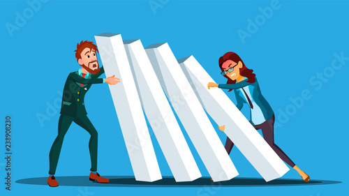 Business Competition Vector. Businessman And Woman From Two Sides Pushing Dominoes At Each Other. Illustration