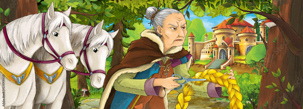 Cartoon nature scene with beautiful castle near the forest with old woman witch sorceress - illustration for the children