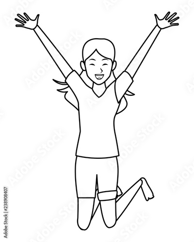 woman jumping smiling black and white
