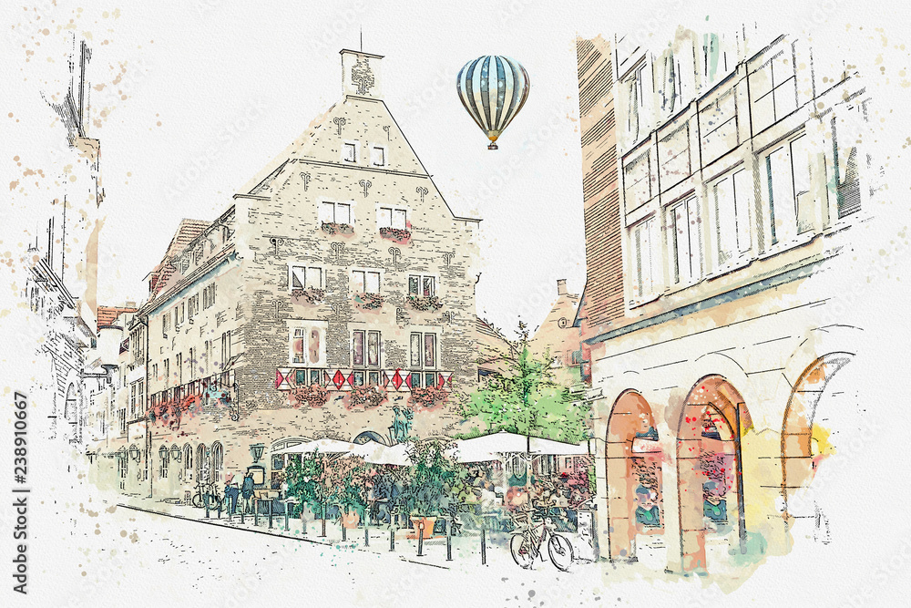 Watercolor sketch or illustration of traditional German architecture and street cafe in Muenster in Germany. People relax, eat and communicate with each other. Hot air balloon flies in the sky.
