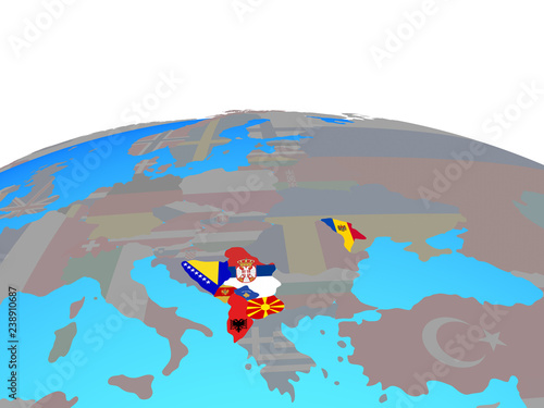 CEFTA countries with national flags on political globe. © harvepino