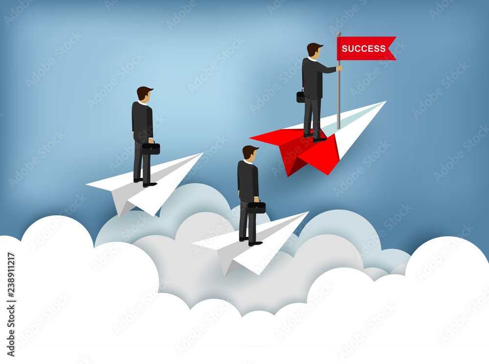 Obraz premium Three businessmen Stand on paper plane a red and white. One People Standing catch the red flag. Floating over the cloud go to achieve business success goals. business finance. leadership. cartoon