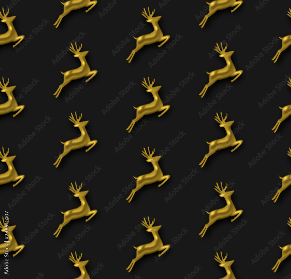 Gold Christmas 3d reindeer seamless pattern