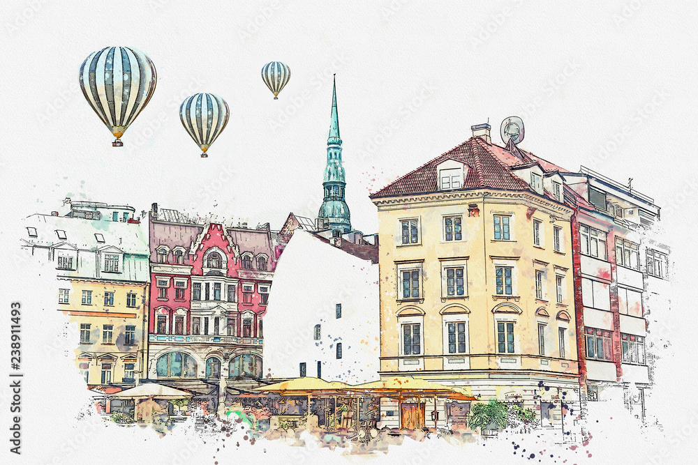 A watercolor sketch or an illustration of a beautiful view of the architecture of Riga in Latvia in the center of the city. Hot air balloons are flying in the sky.