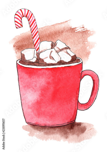 Christmas cup of hot chocolate cocoa with marshmallow and caramel. Watercolor hand-drawn