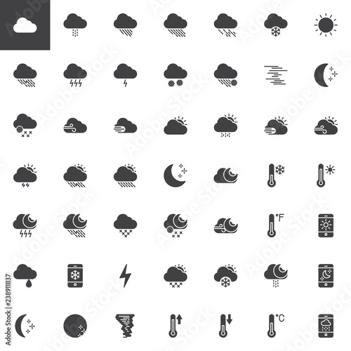 Weather seasons vector icons set, modern solid symbol collection, filled style pictogram pack. Signs, logo illustration. Set includes icons as Cloud, Rain, Hail Storm, Thunder, Snow, Windy, Lightning