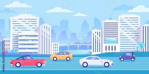 City transport , cars on the street and modern buildings