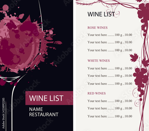 Vector wine list for restaurant or cafe with a glass of wine with abstract spots and splashes of red wine, with a grapevine and a price list